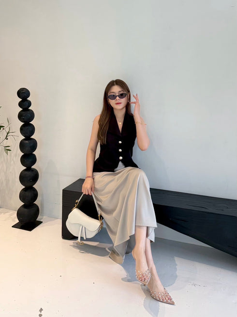 Collar Down Sleeveless Vest With Skirts Sets